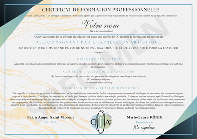 Certificat de fin de formation professionnelle certificat formation accompagnant par l expression artistique coaching art therapie certifiante