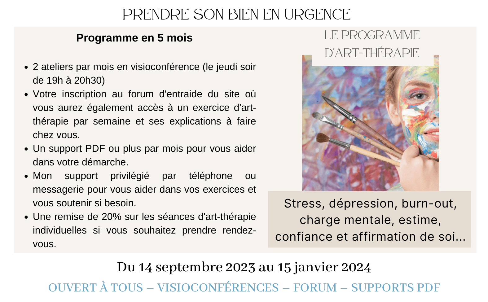 Prendre son bien en urgence ateliers d art therapie en visioconference zoom