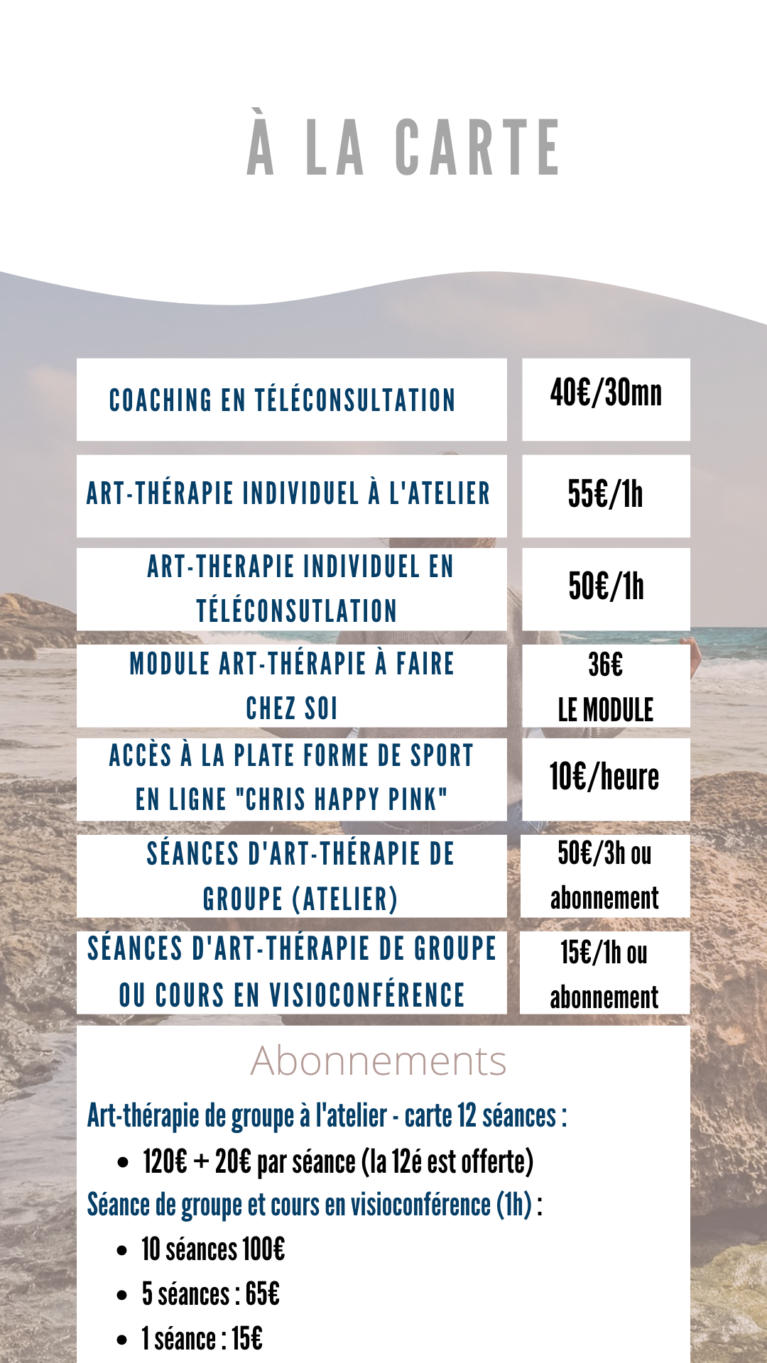 Tarif art therapie et coaching a la carte